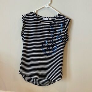 New York & Company Navy and White Striped Top with Sequin Accents